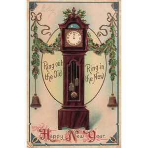 Vintage 1910 Happy New Year Postcard Grandfather Clock Holly Embossed H Wessler
